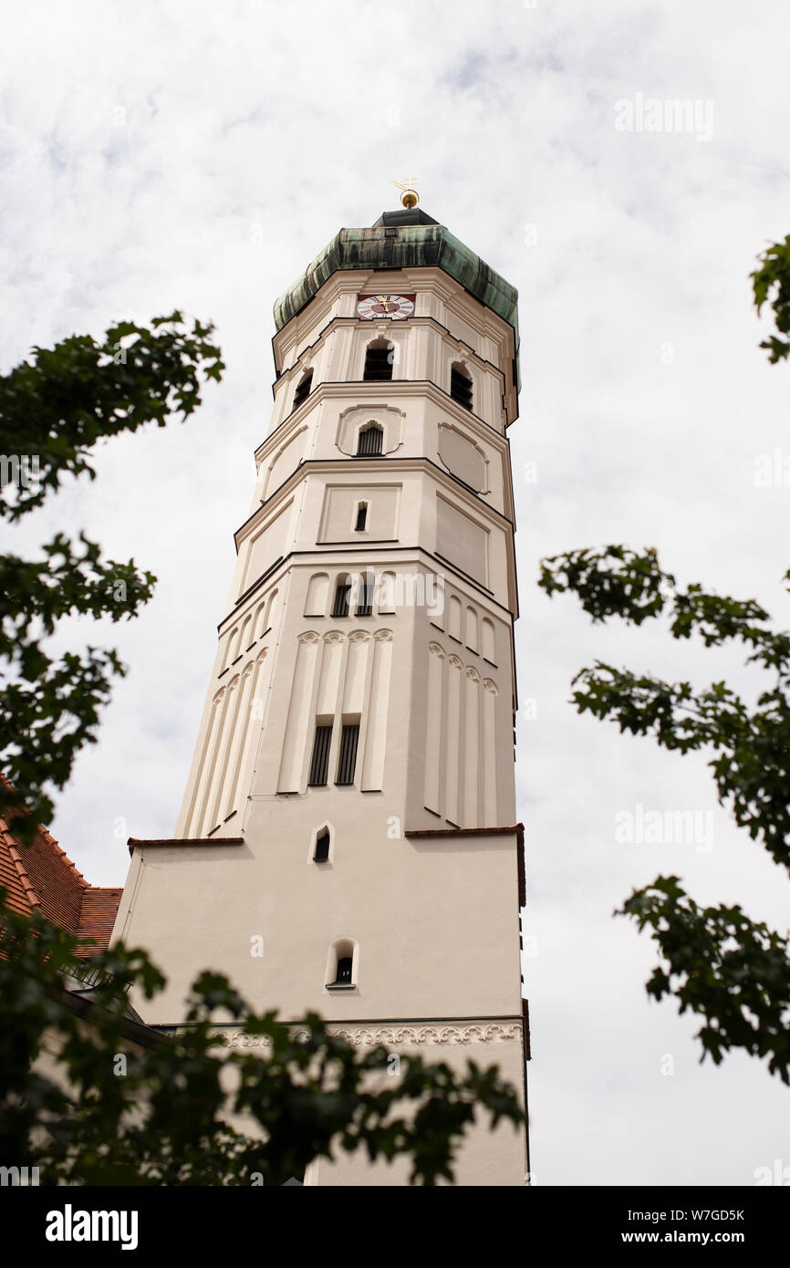 The tower of St Jakob Catholic church on Pfarrstrasse in the Altstadt (old town) of the Bavarian town of Dachau, Germany. Stock Photo