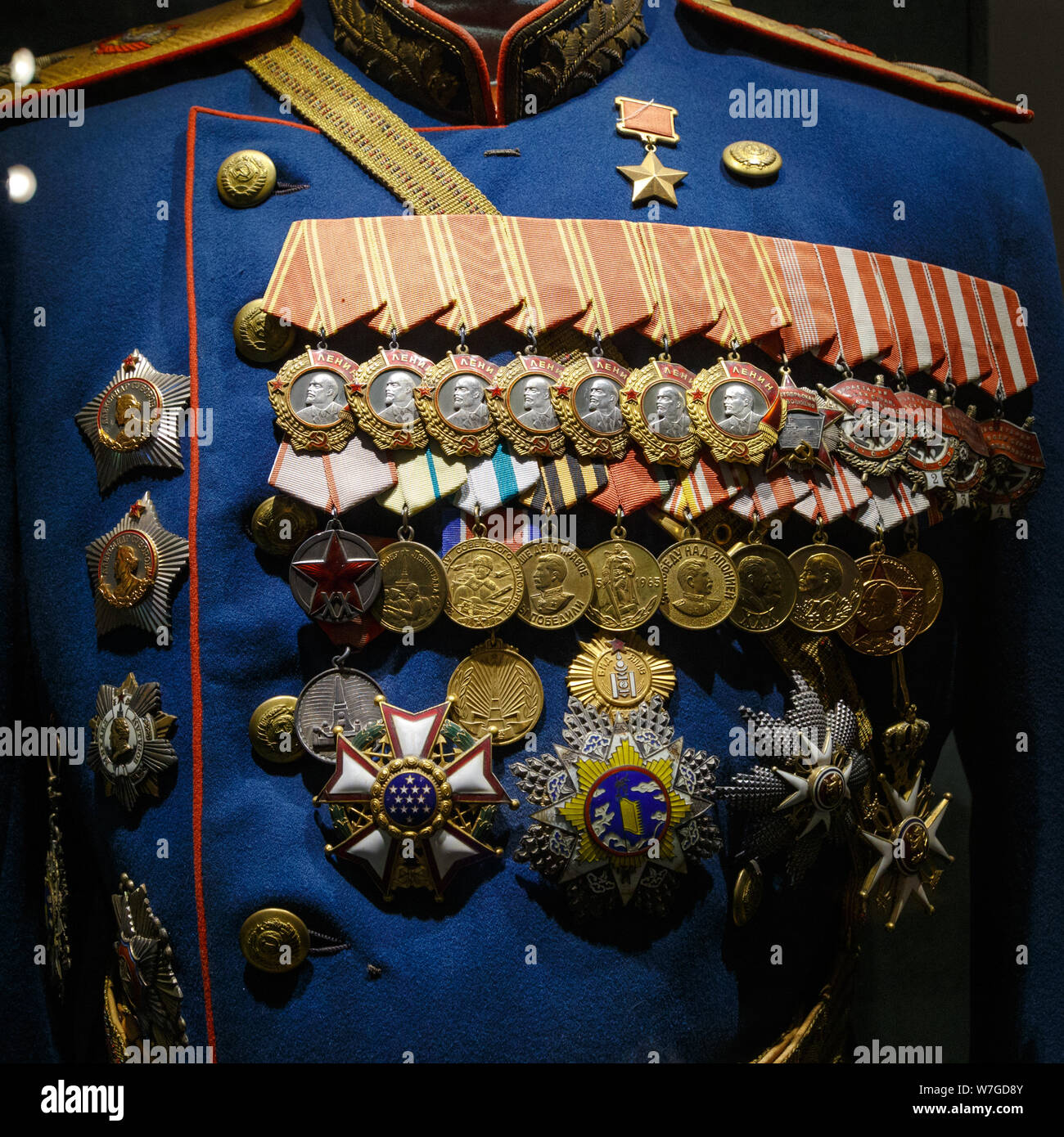 Moscow, Russia - January 23, 2019: Central Armed Forces Museum. Different awards, orders and medals on the russian army uniform. Memory of awards and Stock Photo