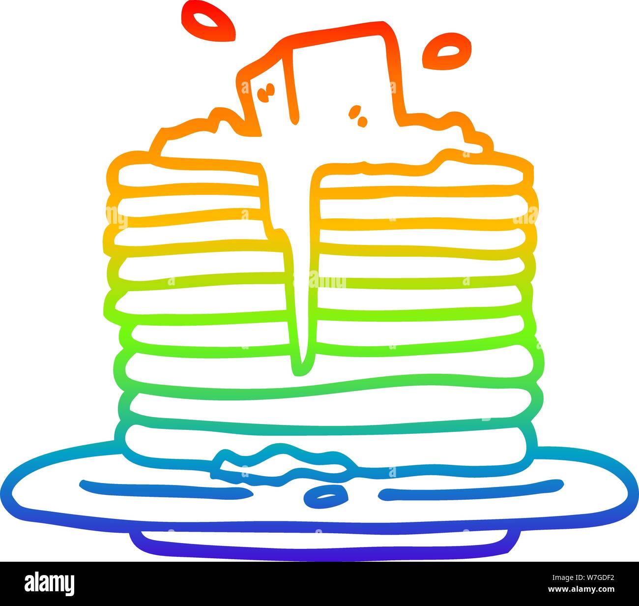 rainbow gradient line drawing of a cartoon butter melting on pancakes