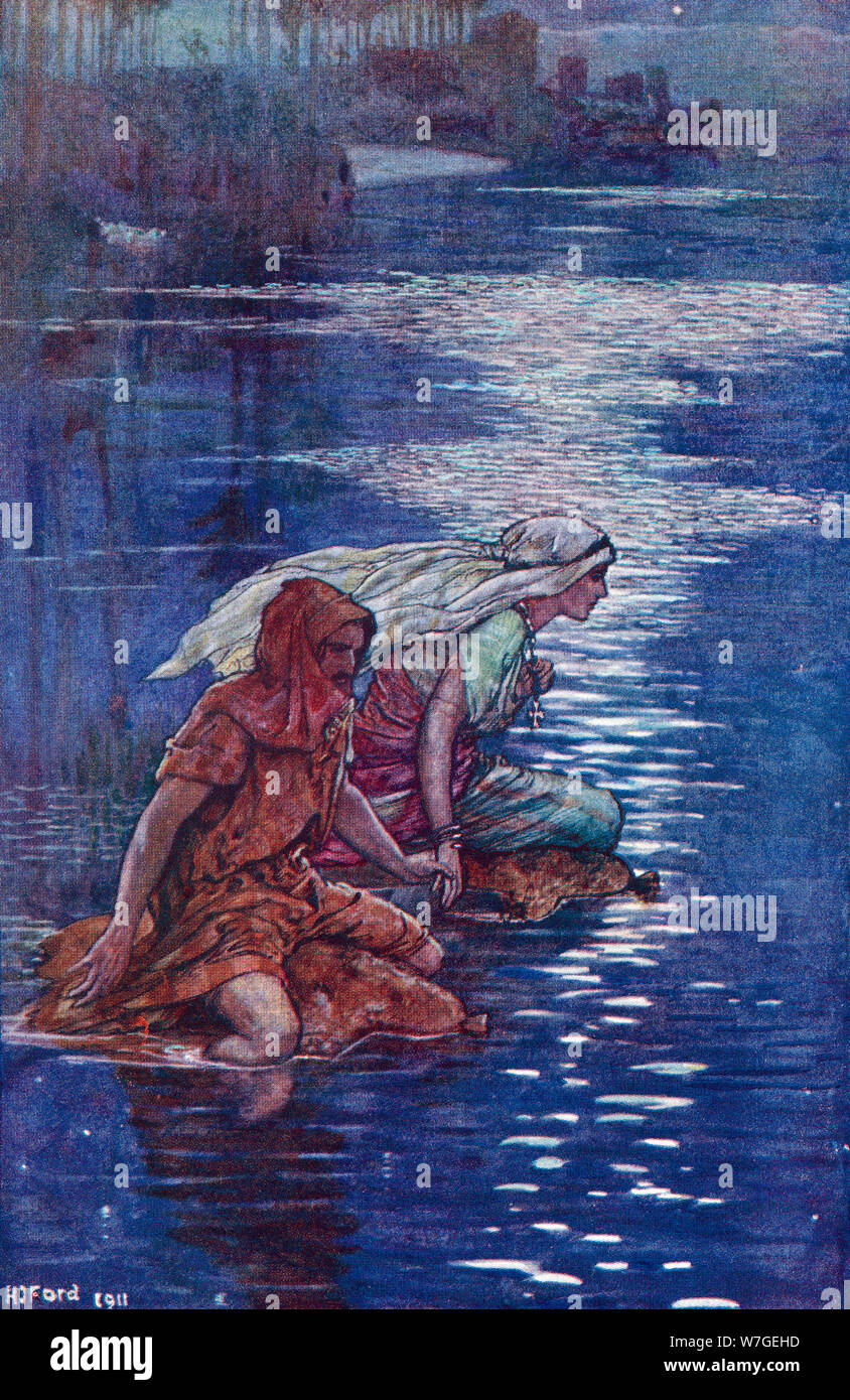 Malchus and his wife crossing the river on inflated water skins to escape their master. Saint Malchus of Syria, aka Malchus of Chalcis, or Malchus of Maronia, died c. 390.  Malchus was a monk who was sold into slavery and forced to marry another slave. While never consummating the marriage, he escaped with his wife and returned to his monastery.   From The Book of Saints and Heroes, published 1912 Stock Photo