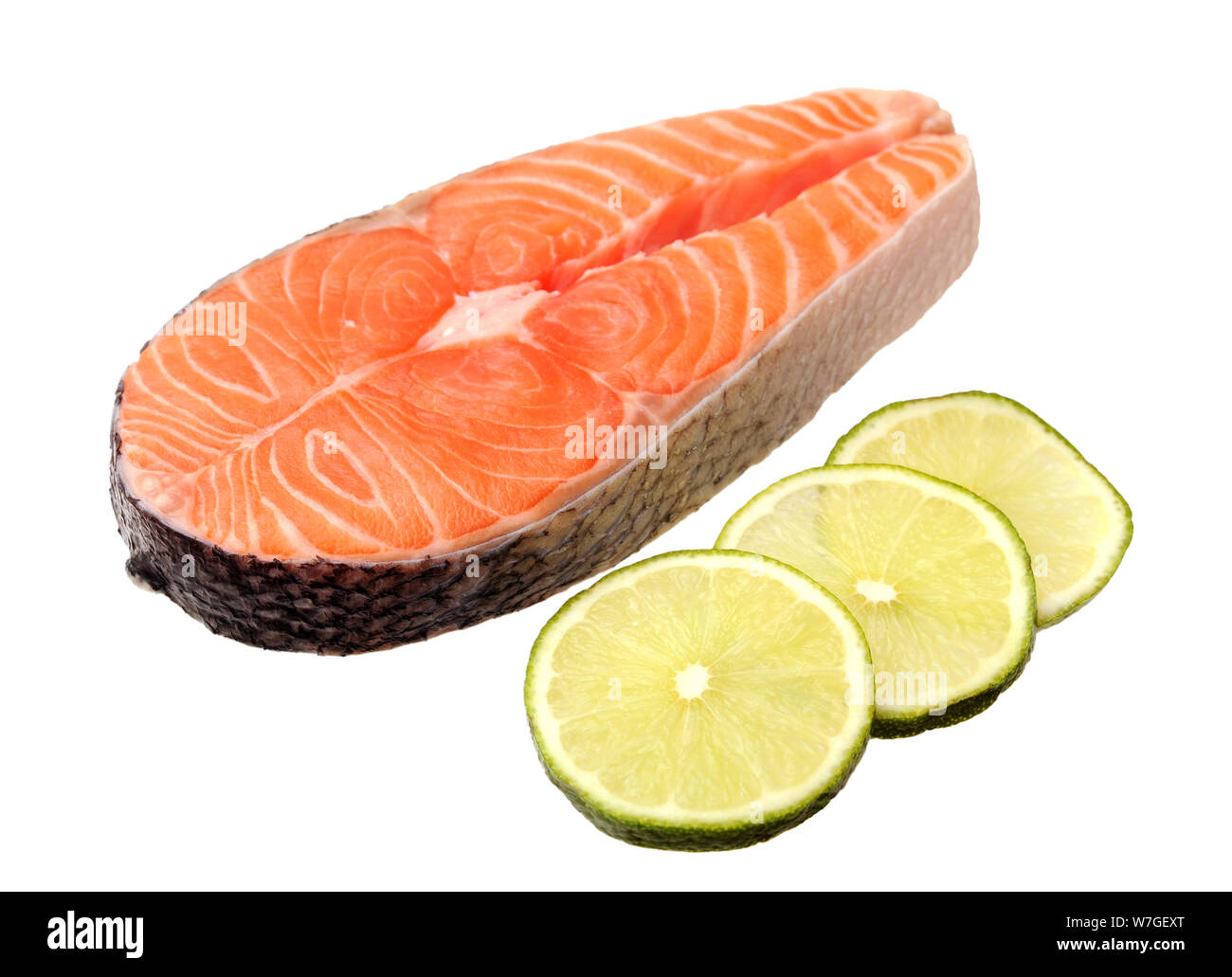 a slice of salmon fish on white background Stock Photo - Alamy