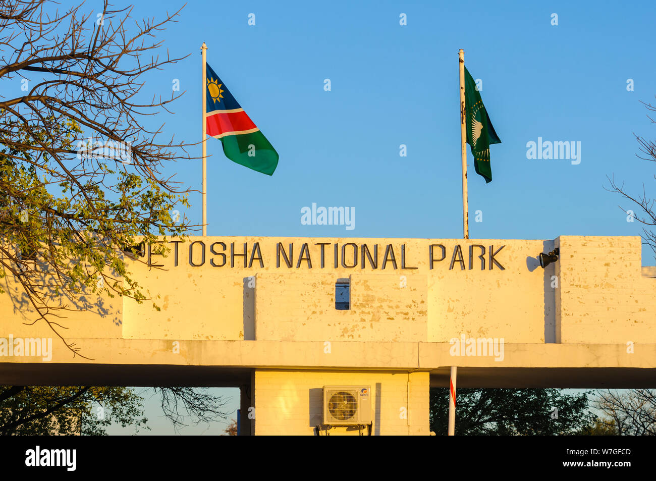 Namutoni Gate, the eastern gate of Etosha National Park, Namibia Stock Photo
