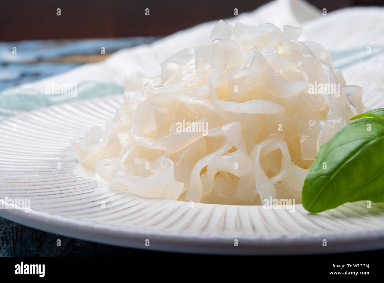 White konjac shirataki noodles, gluten free and no fat diet vegetarian and vegan Asian food close up Stock Photo