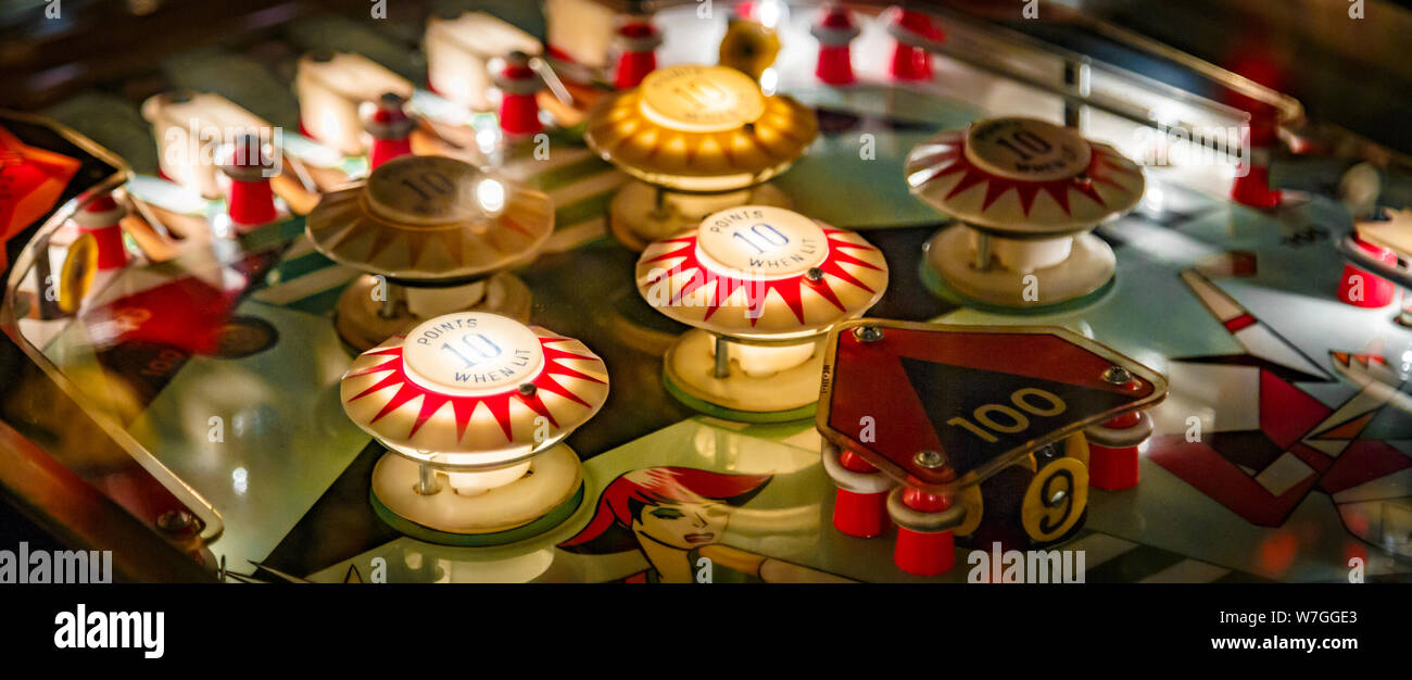 Budapest, Hungary - March 25, 2018: Pinball game museum. Pinball machine table close up view of retro vintage game arcade. Details of a Bright and Col Stock Photo