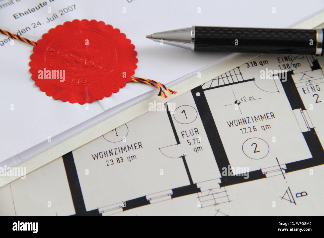 Notary seal with construction plan Stock Photo Alamy