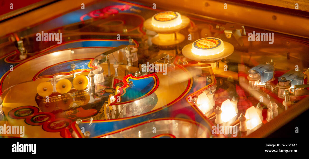 Budapest, Hungary March 25, 2018 Pinball game museum. Pinball machine table close up view of