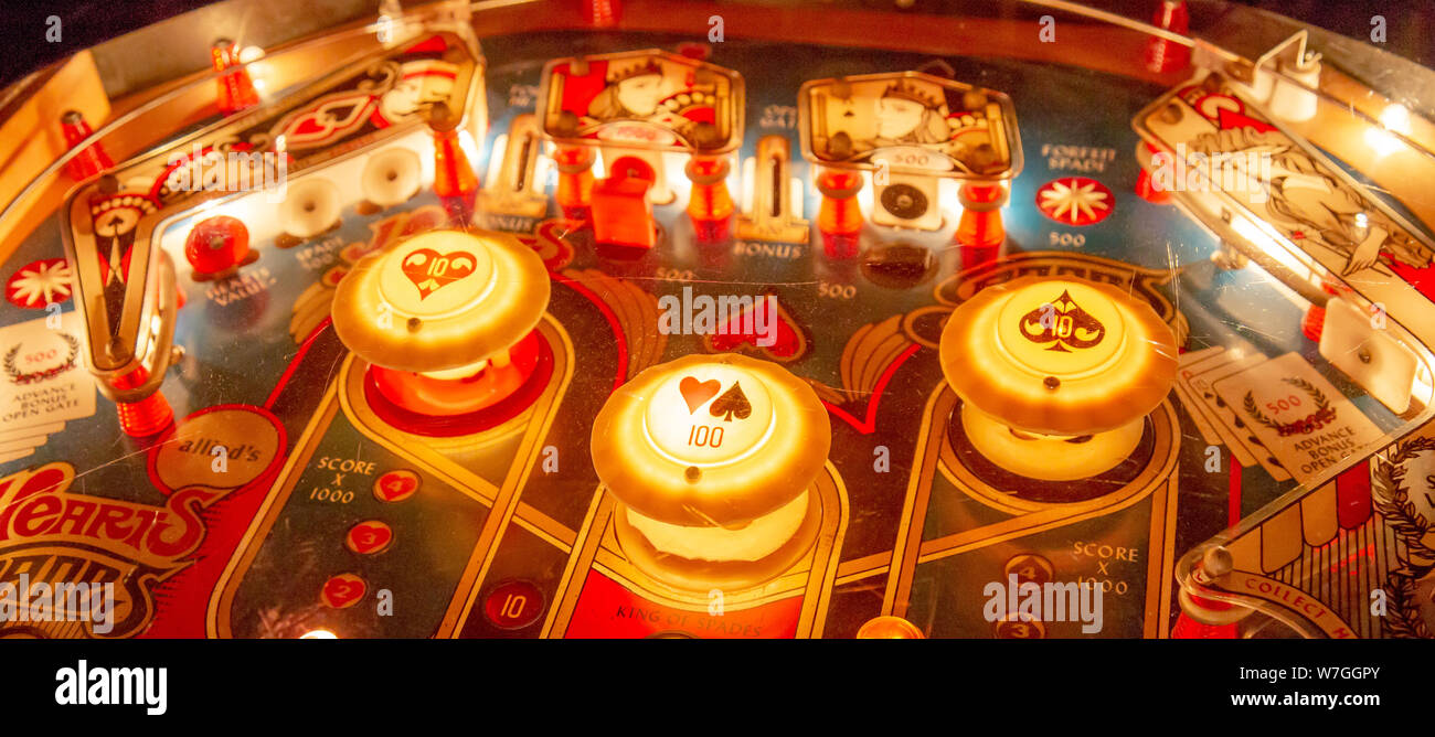 Budapest, Hungary March 25, 2018 Pinball game museum. Pinball machine table close up view of