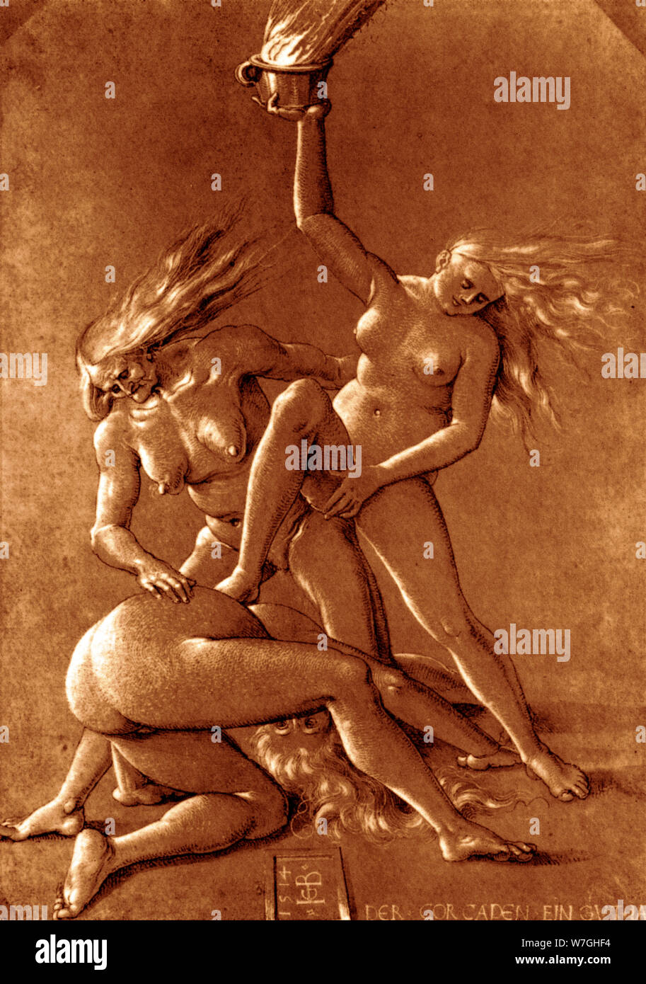 Hans Bsaldung Grien -drawing of three witches 1514 -Graphische Sammlung Albertina, Vienna, Austria. Stock Photo