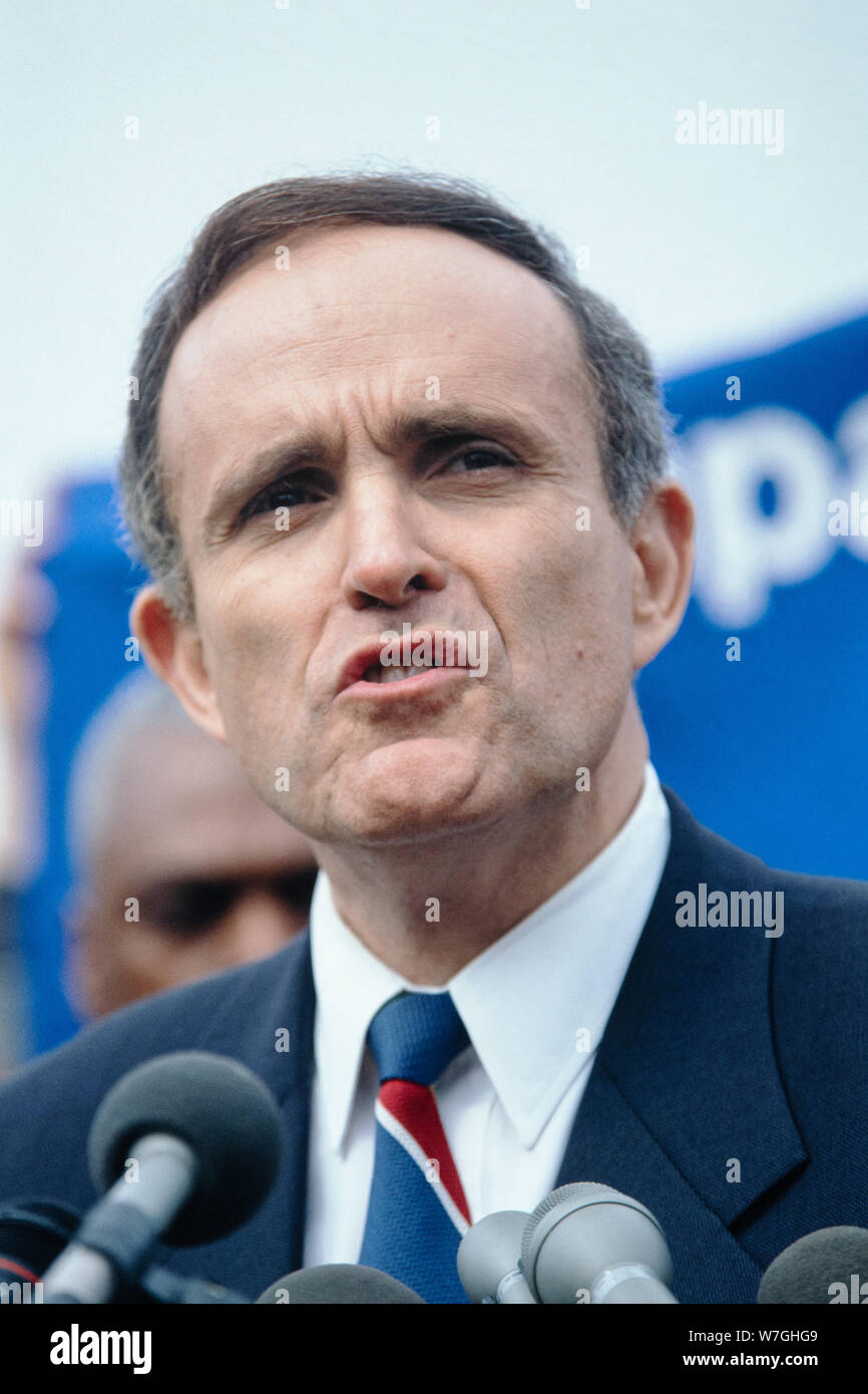 Mayor of New York City, Rudy Giuliani during a press conference in support of the Violent Crime Control and Law Enforcement Act of 1994 outside the U.S. Capitol Building March 31, 1994 in Washington, DC. Stock Photo