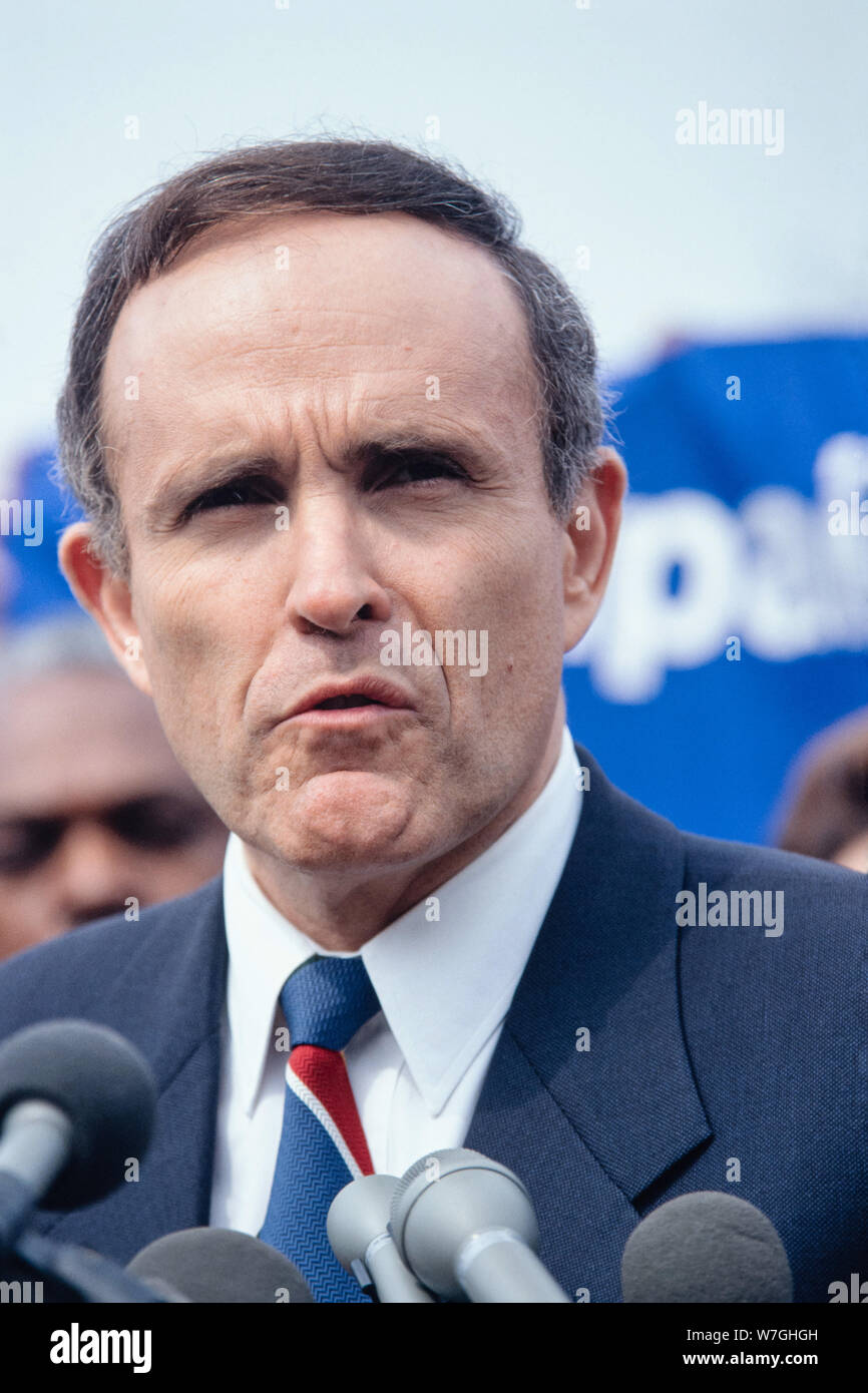 Mayor of New York City, Rudy Giuliani during a press conference in support of the Violent Crime Control and Law Enforcement Act of 1994 outside the U.S. Capitol Building March 31, 1994 in Washington, DC. Stock Photo