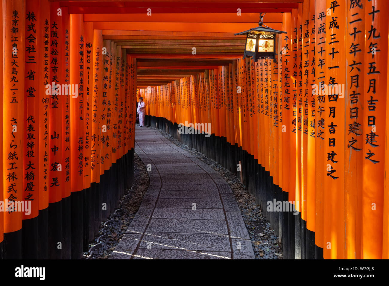 Kyoto Japan April 01 19 A Woman Is Posing In Traditional Costume Inside The Torii Tunnel Of The Fushimi Inari Shrine Stock Photo Alamy