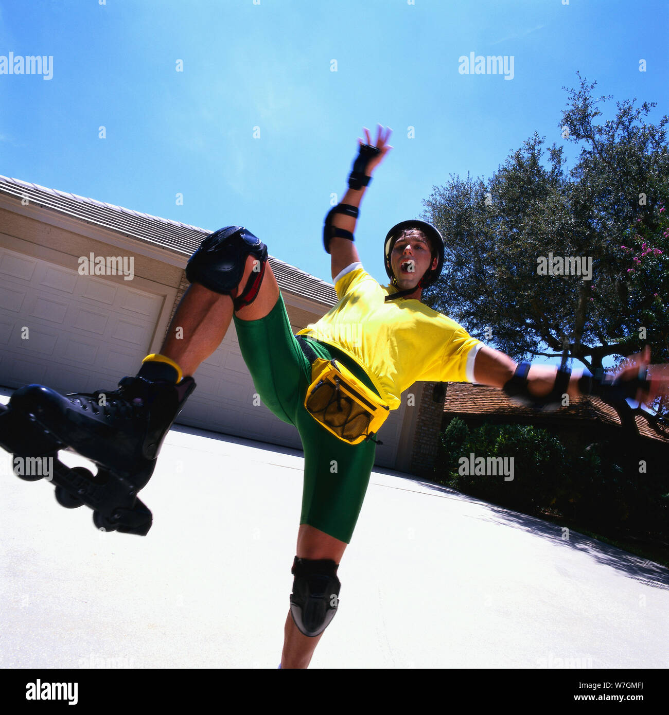 Roller skater falling in the air Stock Photo