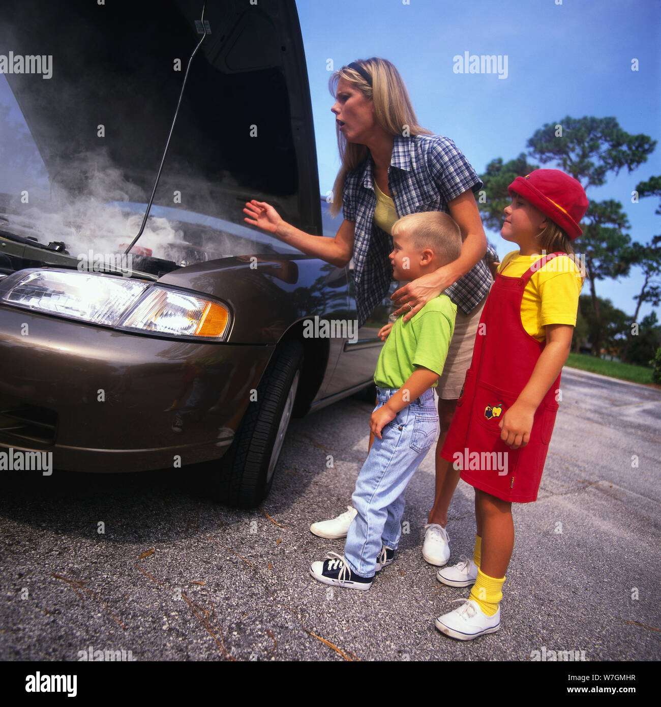 Family’s car broke down Stock Photo