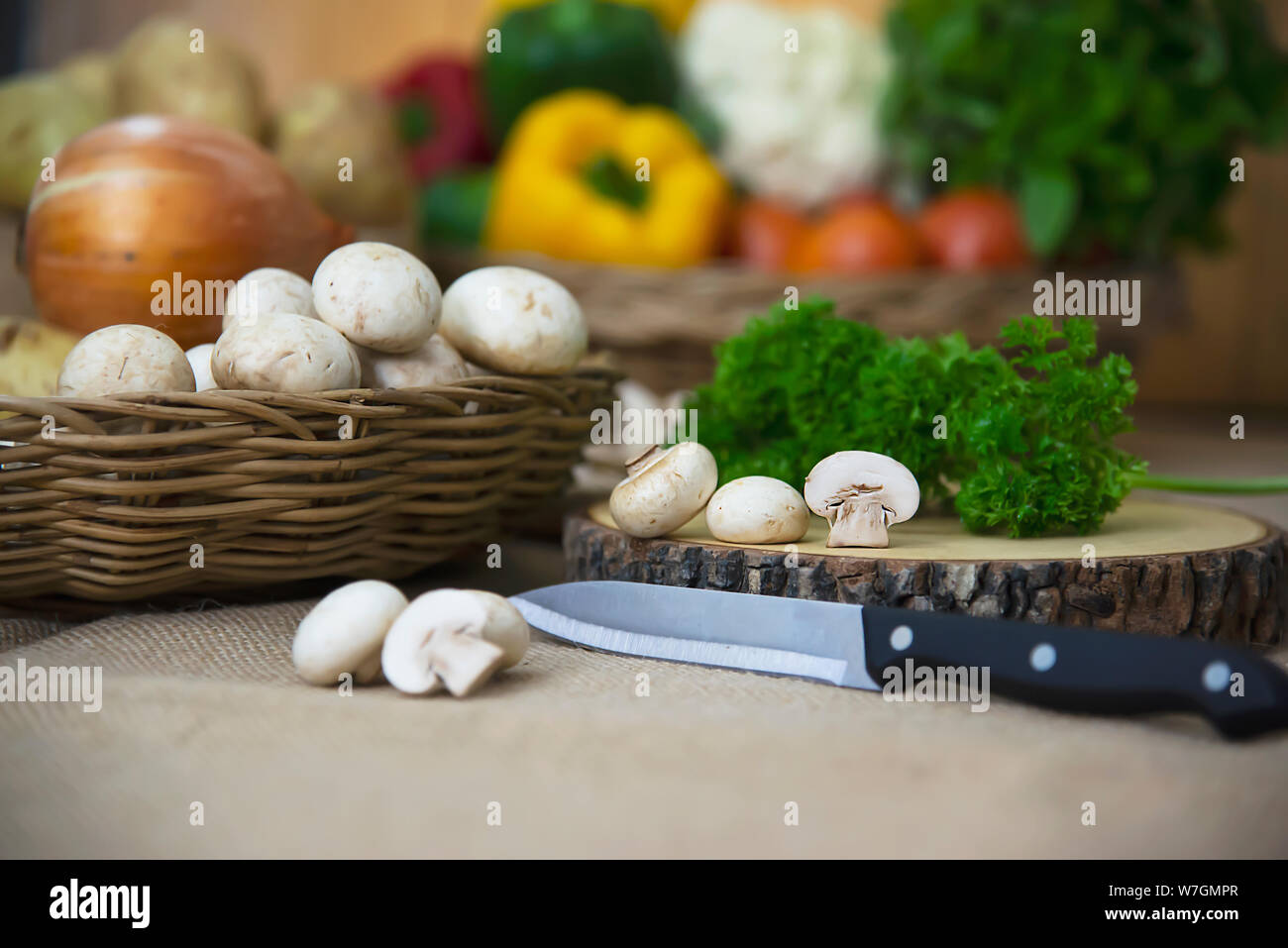 Fresh champignon mushroom vegetable in the kitchen - fresh mushroom vegetable cooking concept Stock Photo