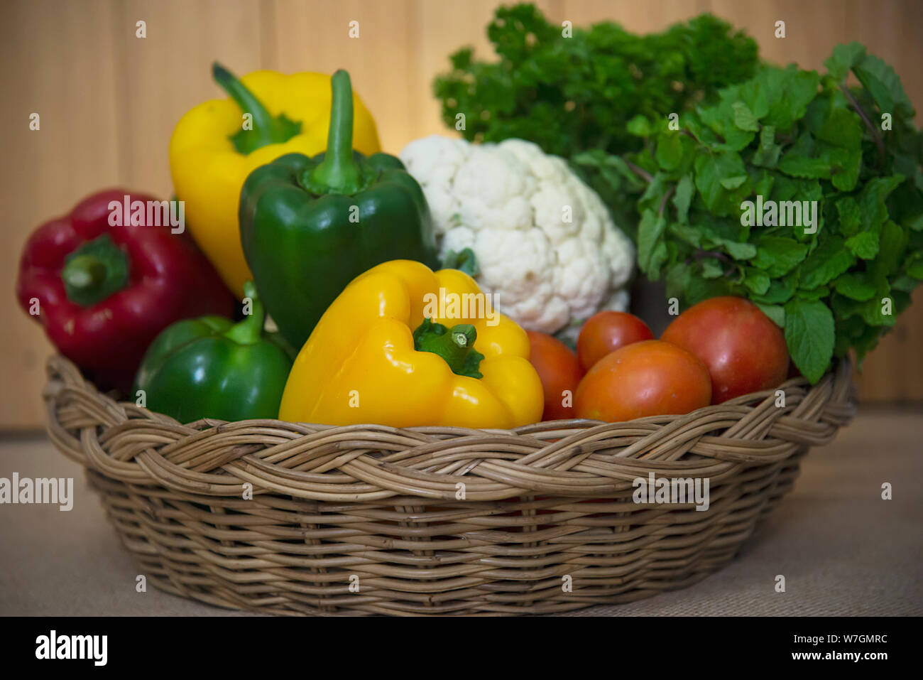 Fresh variety vegetable basket ready to be cooked in the kitchen - vegetable for making food background with copy space concept Stock Photo