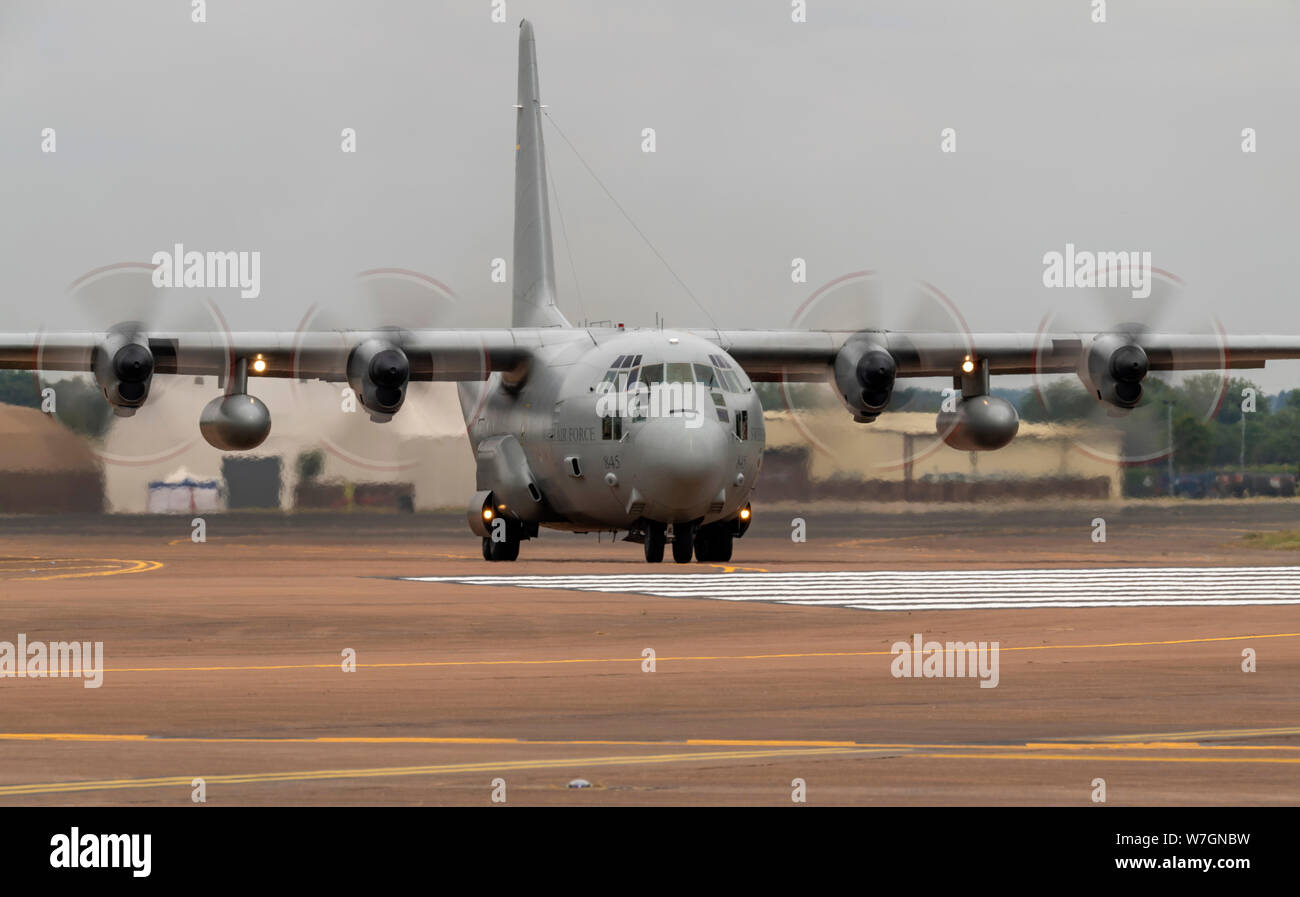 C-130H Hercules  845 of the Swedish Air Force taxying on runway at the Royal International Air Tattoo 2019 Stock Photo