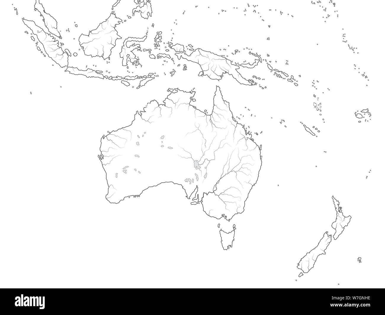 World Map of AUSTRALASIA REGION: Australia, New Guinea, New Zealand, Oceania, Indonesia, Polynesia, Pacific Ocean. Geographic chart with coastline. Stock Photo