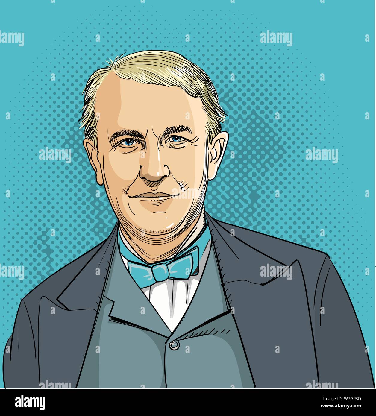 Thomas Edison (1847-1931) portrait in line art illustration. He is one of America's greatest inventors that invented the first light bulb, phonograph, Stock Vector