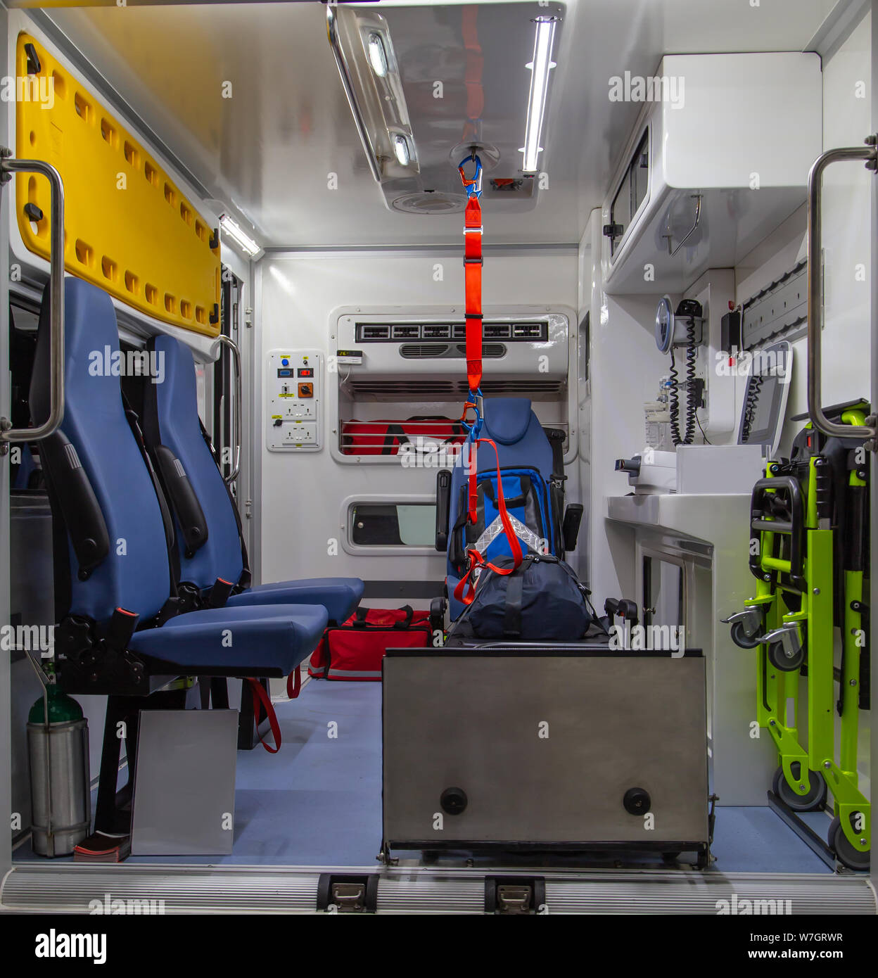 Interior of an ambulance with bed and patient care equipment Stock