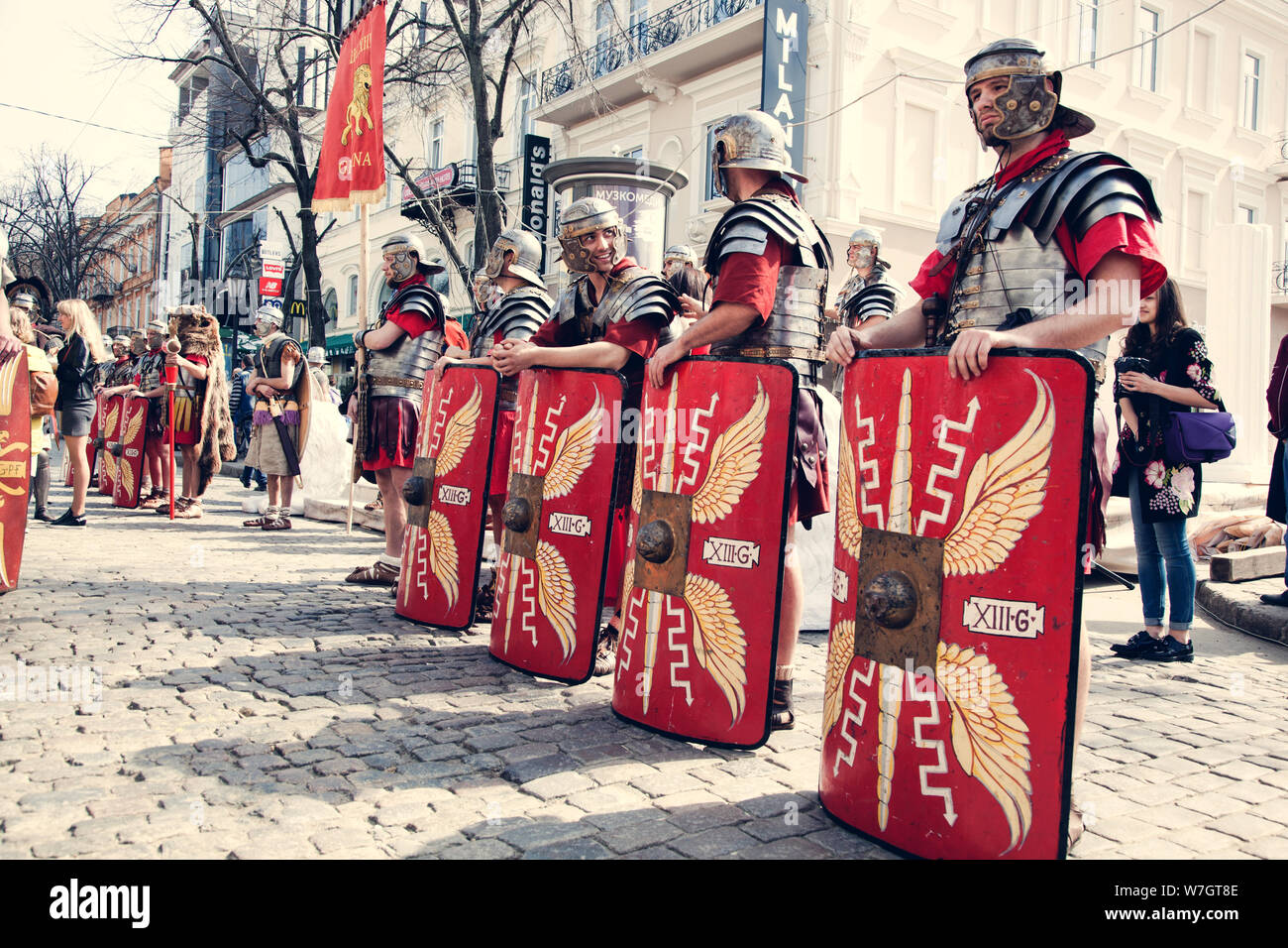 Odessa, Ukraine - March 2018 Roman legion empire soldiers old armor, swords, shields, banners Show. Stock Photo