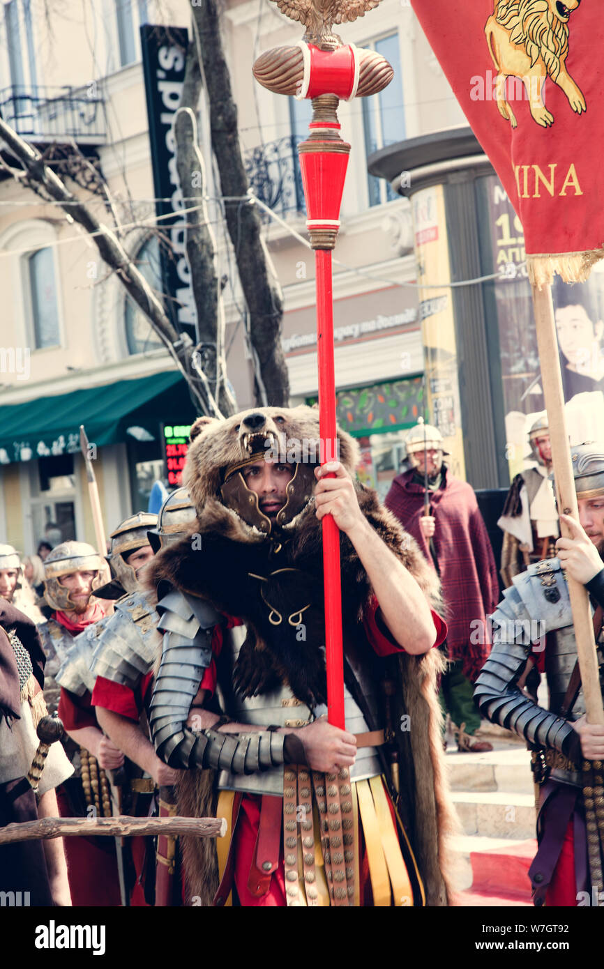 Odessa, Ukraine - March 2018 Roman legion empire soldiers old armor, swords, shields, banners Show. Stock Photo