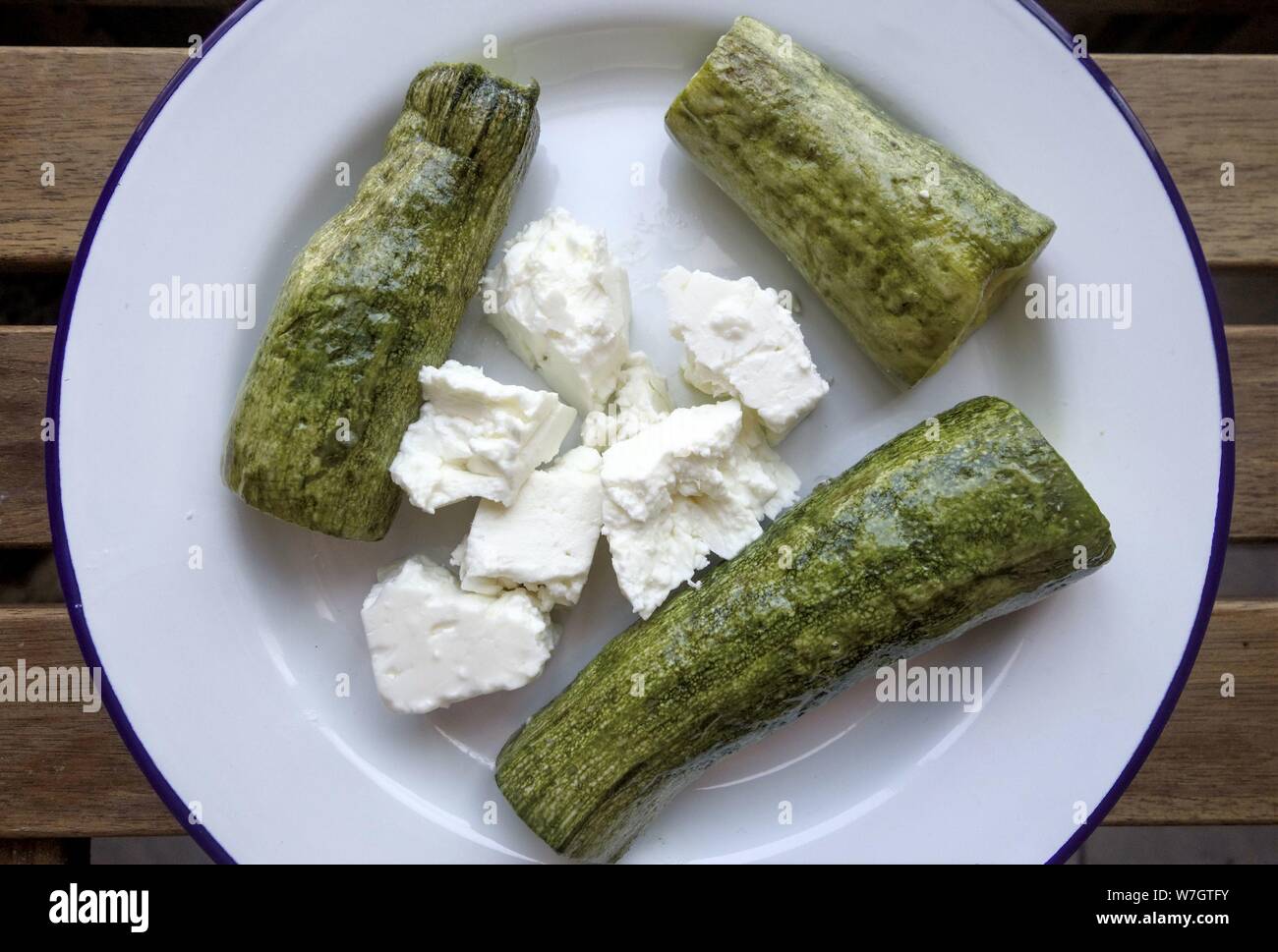 Simple Meze of Cooked Cougette and Feta Cheese, Crete, Greece Stock Photo