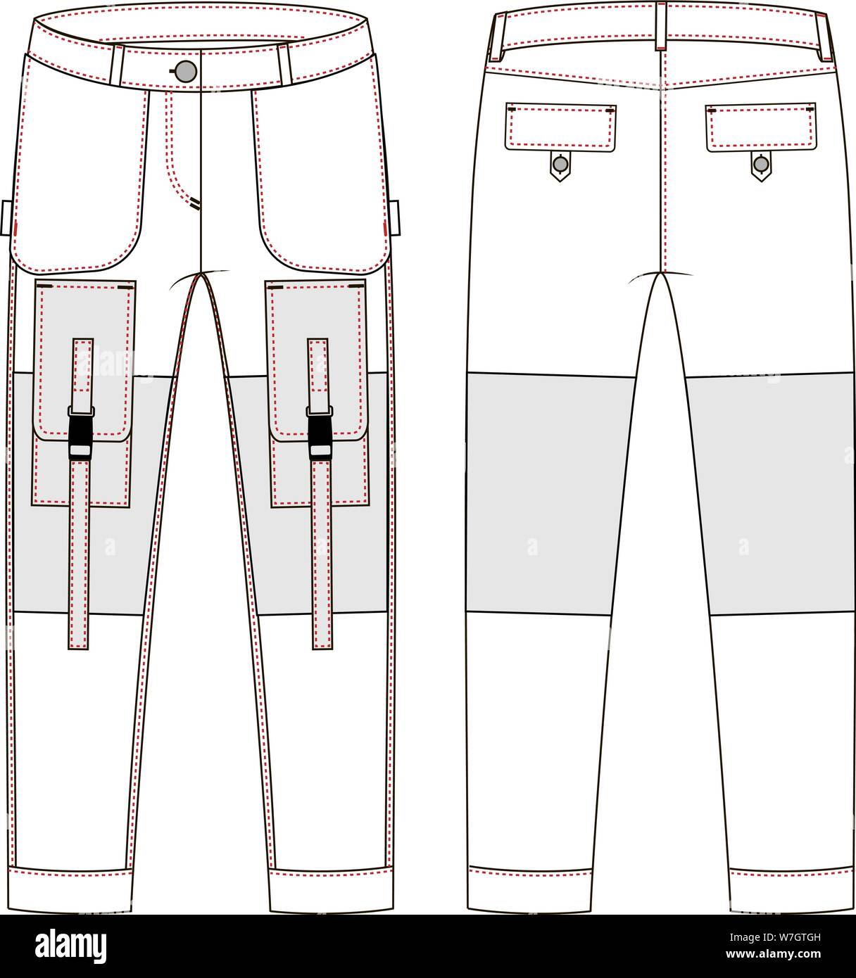 Cargo pants with large side pockets technical sketch. Front and back views - Vektorgrafik Stock Vector