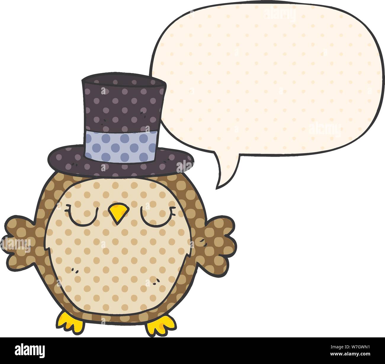 cartoon owl wearing top hat with speech bubble in comic book style ...