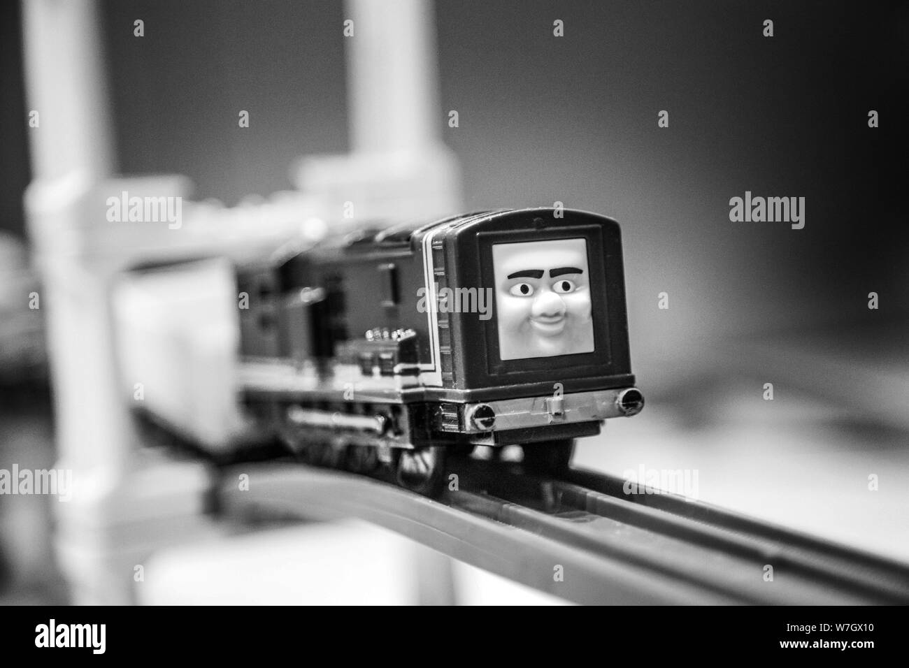 Odessa, Ukraine - March 2019 The Railway Series Thomas & Friends train toy for kids black and white. Stock Photo