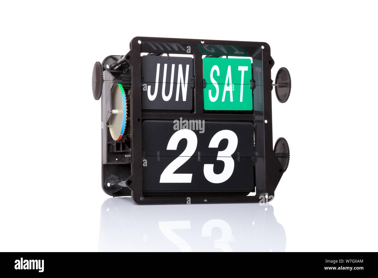 Mechanical calendar retro date 23 June, 2018 on isolated United Nations Public Service Day. Stock Photo