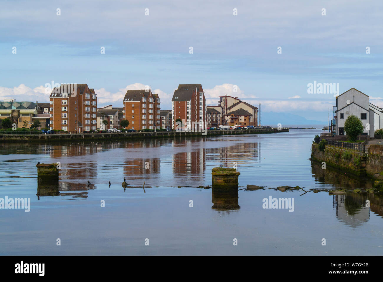 modern apartment blocks line the banks of the river Ayr, Ayr, South