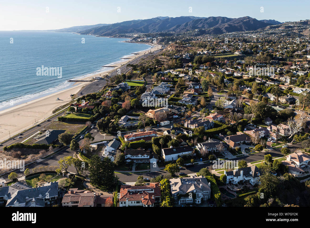 Aerial view of scenic ocean view Pacific Palisades homes and streets in