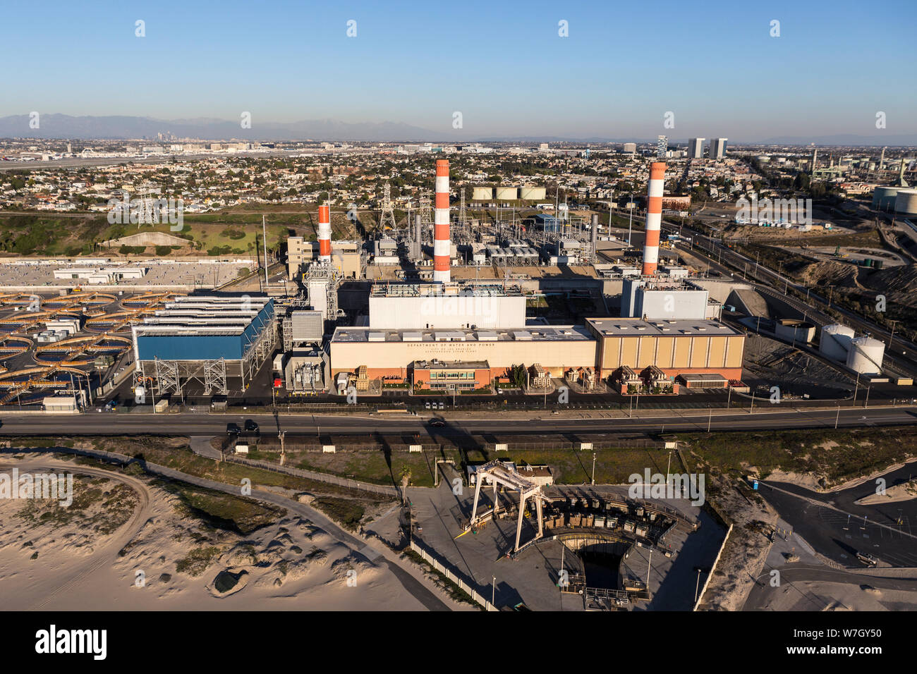Los Angeles, California, USA - December 17, 2016:  Aerial view of Scattergood Steam Plant electric generating facility near Dockweiler state beach in Stock Photo