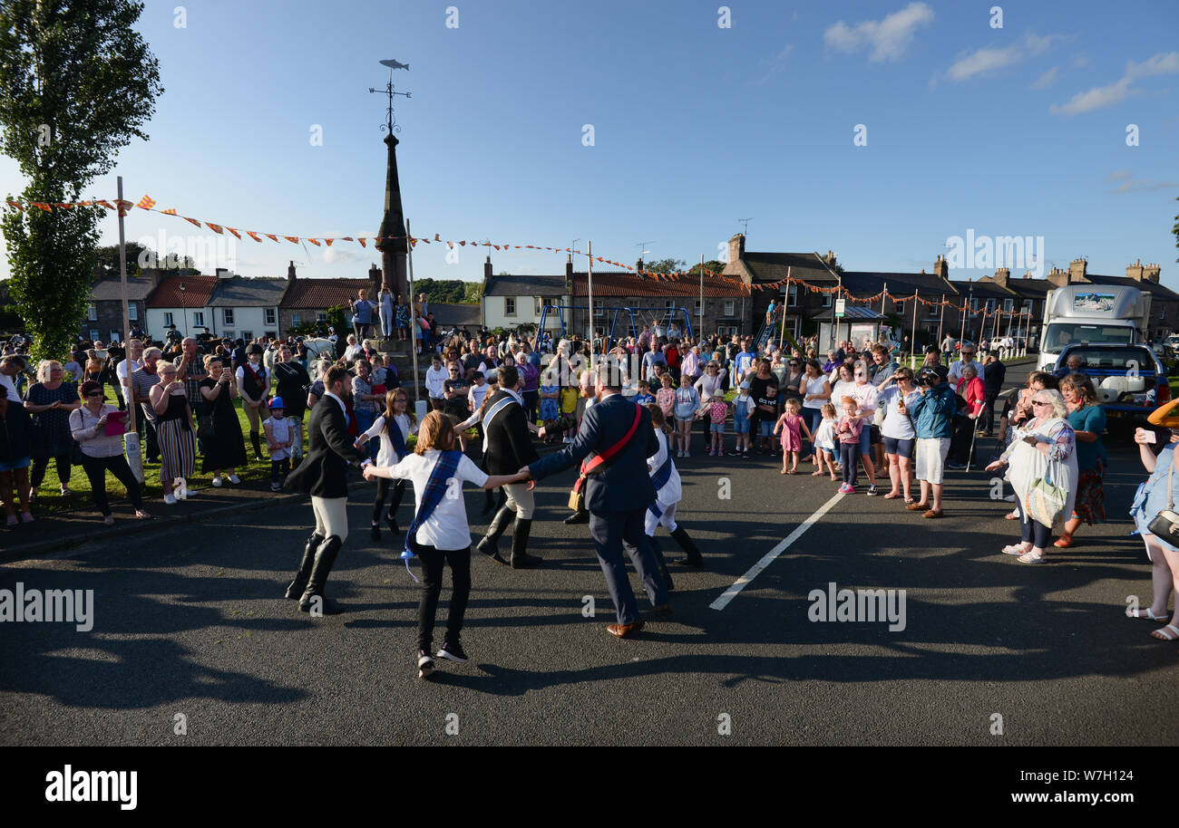 The Coldstreamer dancing the Reel in the road at Norham during Coldstream Civic Week Stock Photo