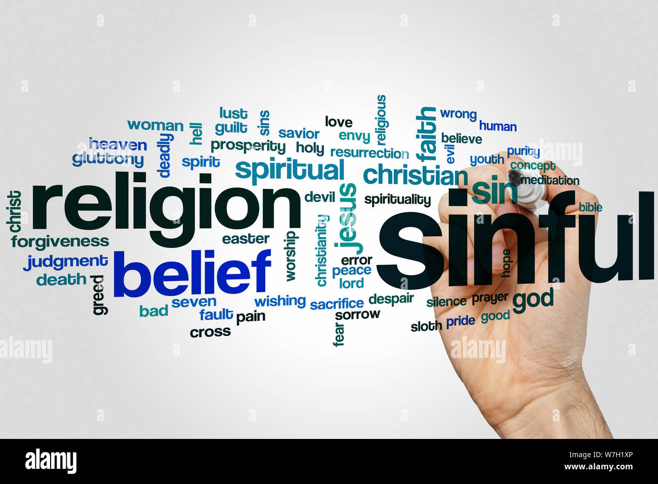 Sinful word cloud concept with religion sin related tags Stock Photo
