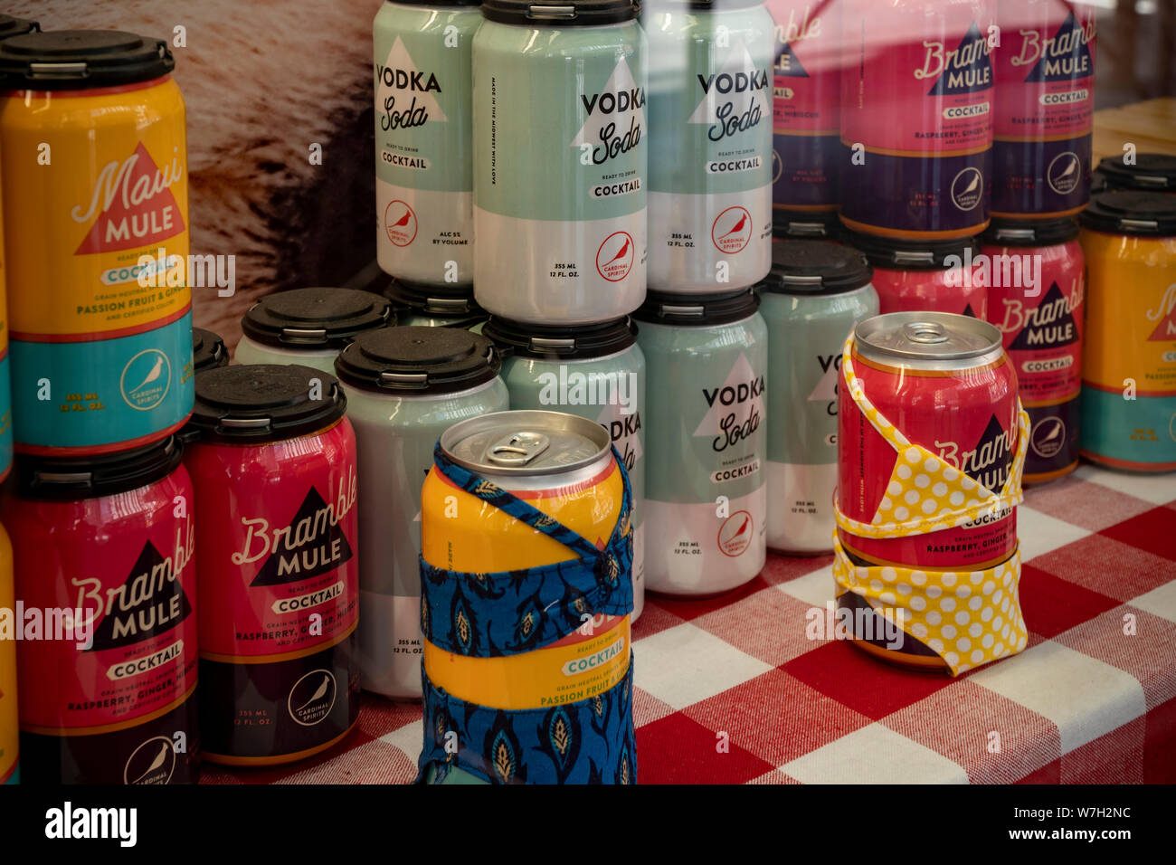 A display of Cardinal Spirits brand of canned liquor and cocktails, geared towards summer imbibing, in a liquor store in New York on Saturday, August 3, 2019. (© Richard B. Levine) Stock Photo