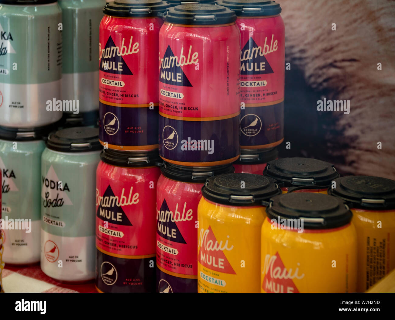A display of Cardinal Spirits brand of canned liquor and cocktails, geared towards summer imbibing, in a liquor store in New York on Saturday, August 3, 2019. (© Richard B. Levine) Stock Photo