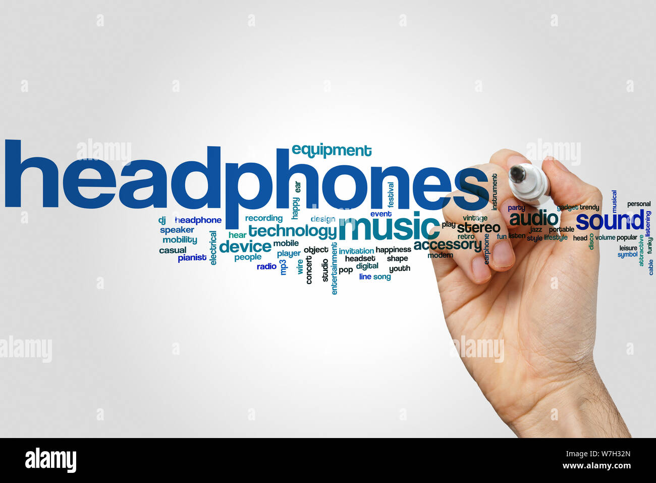 Headphones word cloud concept Stock Photo Alamy