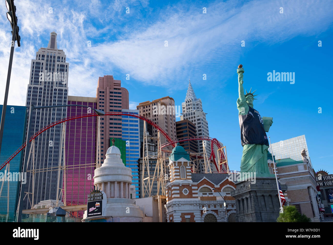 The New York-New York Hotel & Casino on the Las Vegas Strip in Nevavda, showing the Big Apple roller coaster Stock Photo