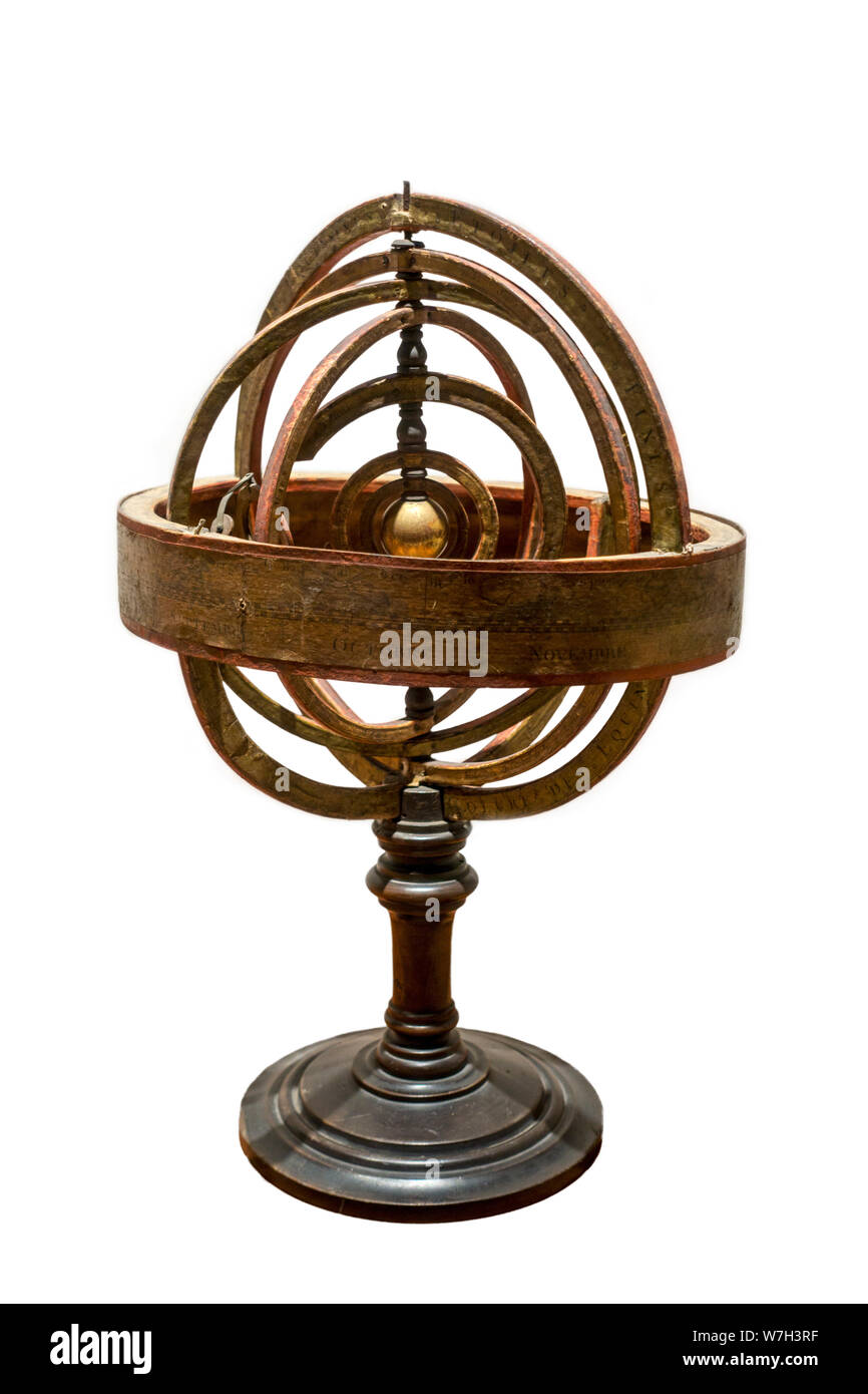 17th century Copernican, armillary sphere / spherical astrolabe / armilla / armil, spherical framework of rings, centred on the Sun Stock Photo