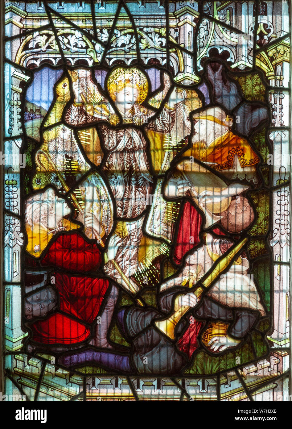 Detail of stained glass window c 1892 by C E. Kempe, Bildeston church