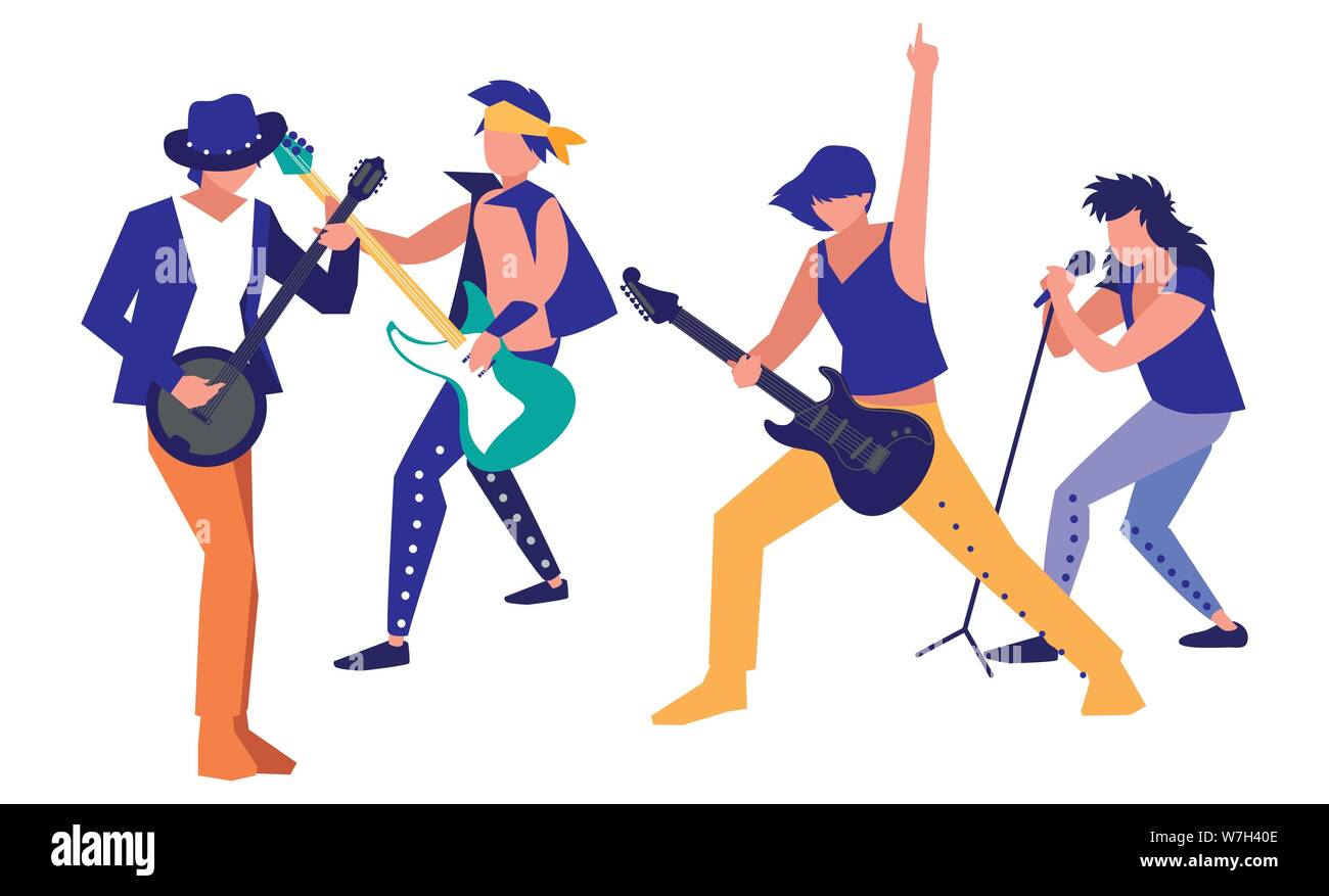 rock band men playing instruments and singing vector illustration Stock
