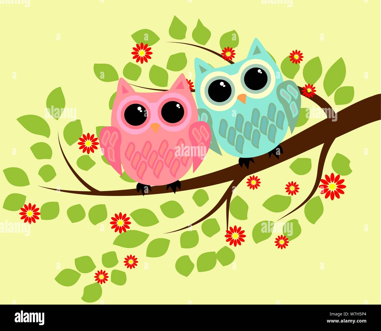 Pair of bright cute cartoon owls sitting on the flowering branches of ...