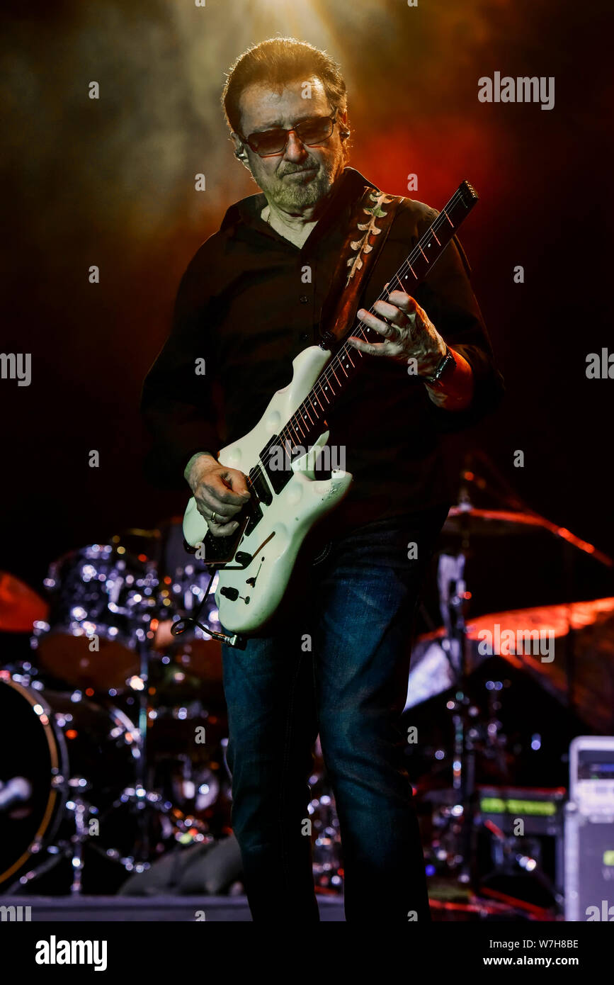 July 4, 2019, Moapa Nevada, Buck Dharma of Blue Oyster Cult on stage at the Moapa Event Center In Moapa, Nevada. Stock Photo