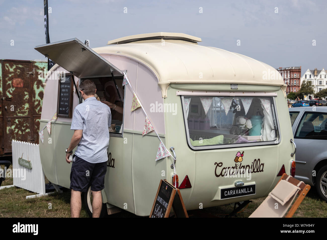 A vintage caravan converted into a mobile cafe Stock Photo