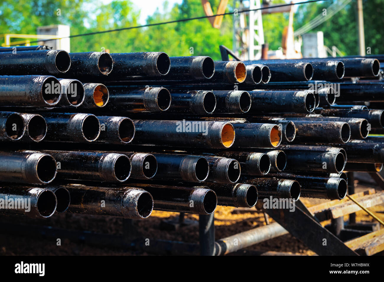 Close up drill pipe thread with pipe dope grease lay down on rig floor
