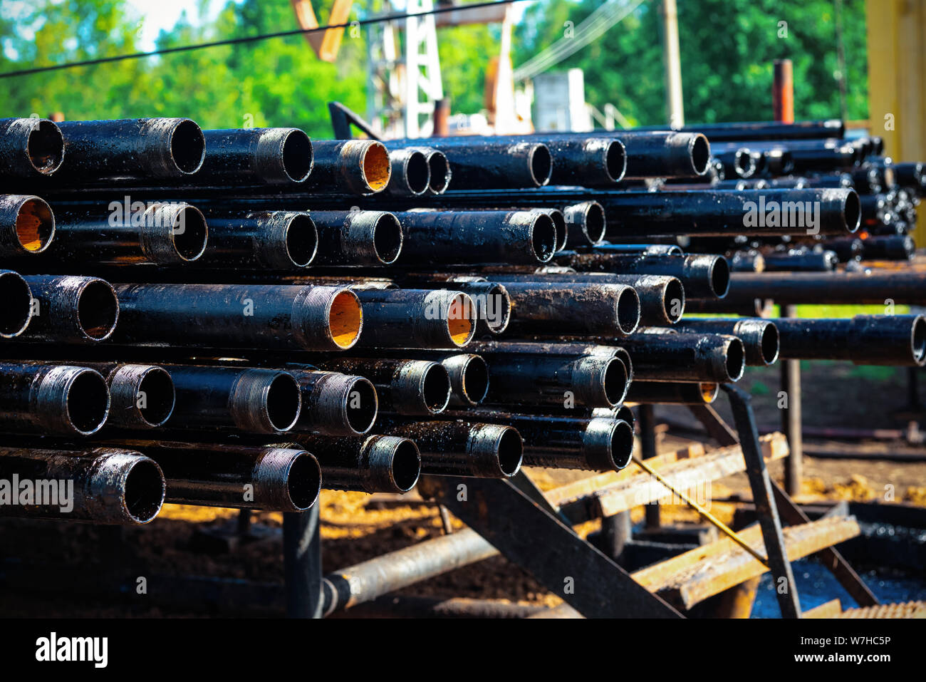 Close up drill pipe thread with pipe dope grease lay down on rig floor