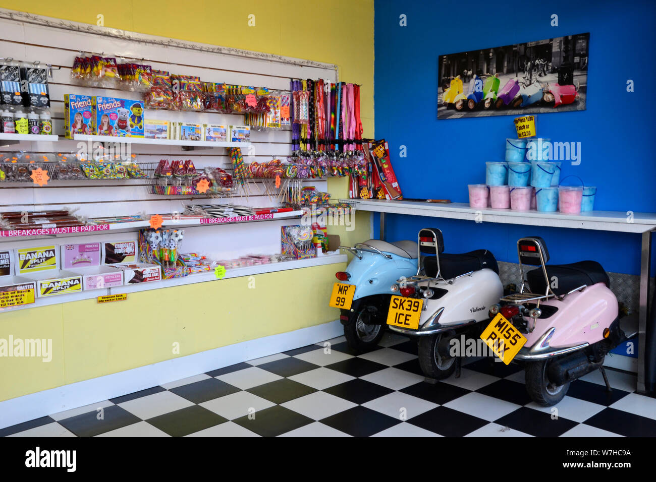 Sweet shop with a 1960s scootering theme at the Pleasure Beach fairground, Skegness, Lincolnshire, UK Stock Photo