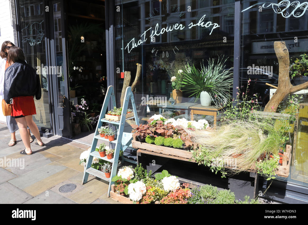 Flower shop on Shoreditch High Street in trendy Hackney, in east London