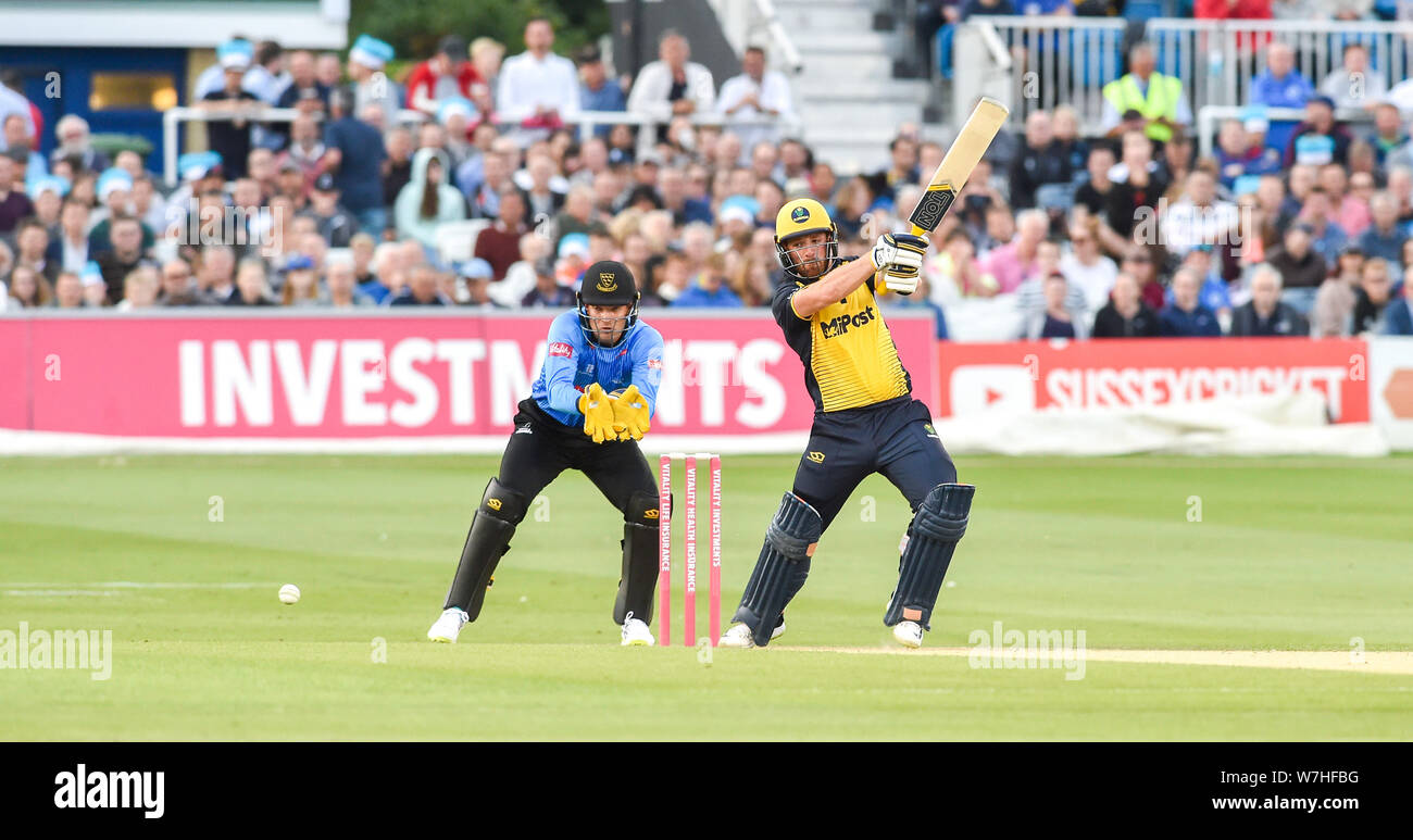 Hove Sussex UK 6th August 2019 - David Lloyd batting for Glamorgan  watched by Sussex Sharks wicketkeeper Alex Carey  during the Vitality T20 Blast cricket match between Sussex Sharks and Glamorgan at the 1st Central County ground in Hove Credit : Simon Dack / Alamy Live News Stock Photo